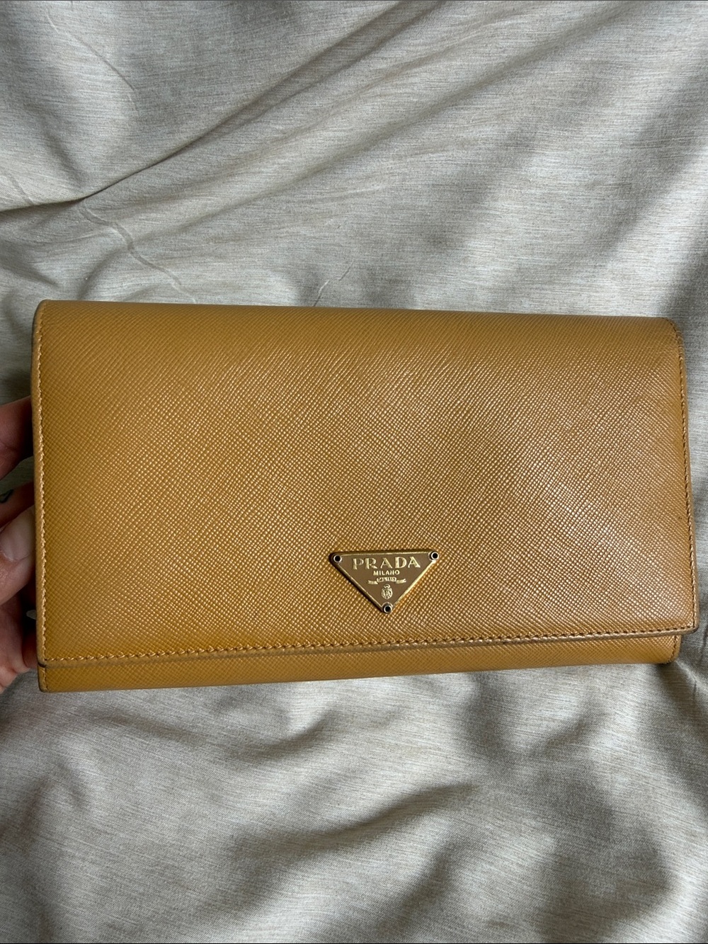 Prada Saffiano Leather Flap Wallet in Mustard Yellow